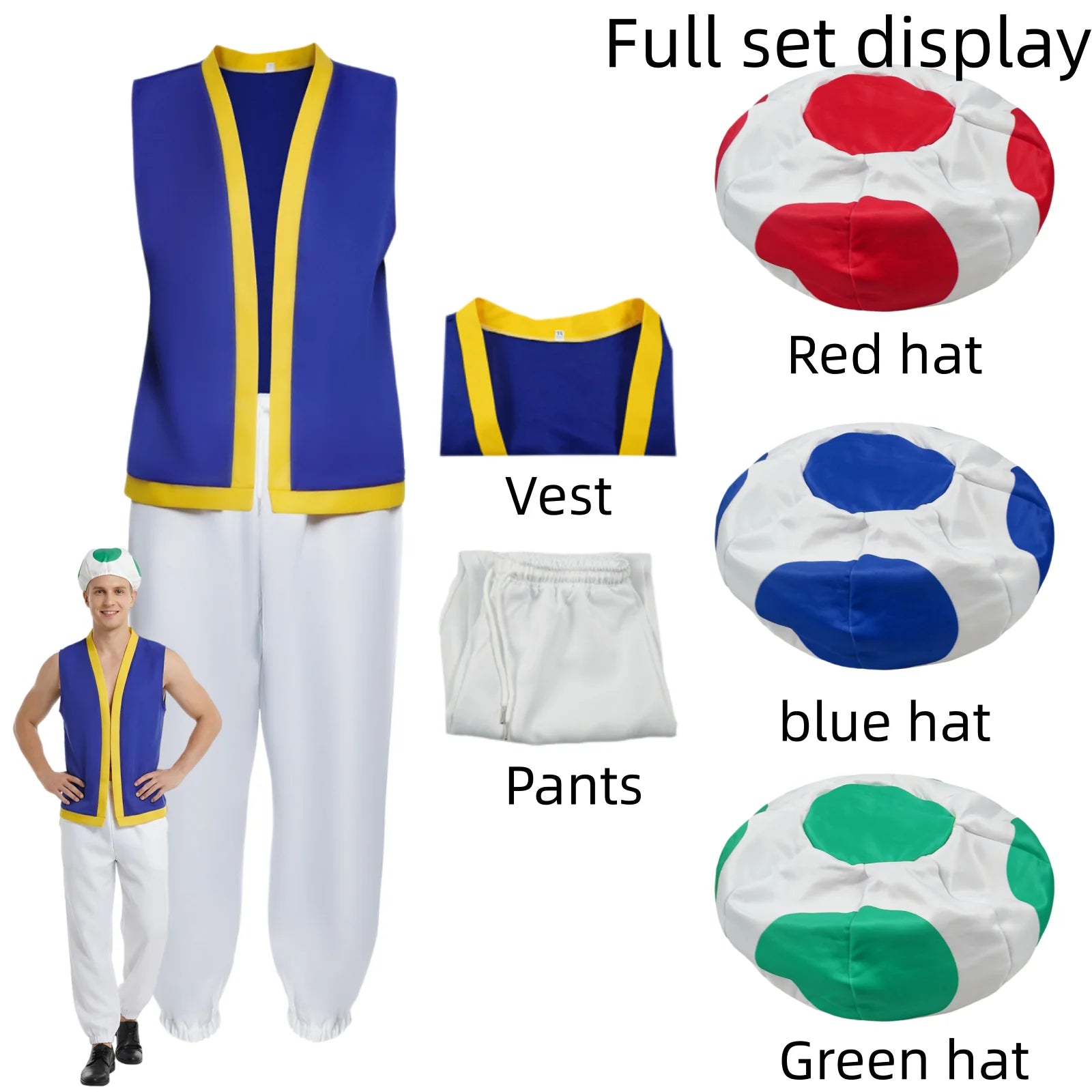 Men Super Bros Toad Costume Adult Halloween Outfit Sleeveless Vest White Pants with - GRAY / 140