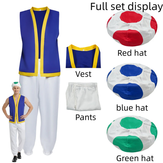 Men Super Bros Toad Costume Adult Halloween Outfit Sleeveless Vest White Pants with - GRAY / 140