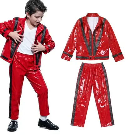 2026  MJ Michael Jackson Thriller Kids Costume  Red   Black Leather Jacket Pants Boys Halloween Stage Cosplay Outfit
