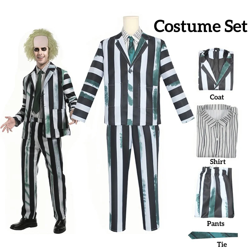 Adult Men's Costume Black and White Striped Suit with Wig for Halloween Costume Outfit - Costume and Wig / M