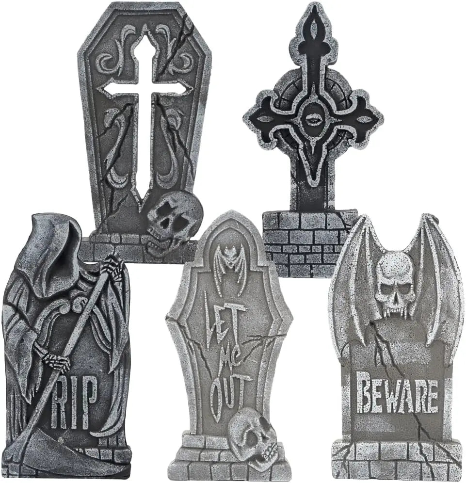 17-Inch Halloween Foam Tombstones Set – 5 Pack Graveyard Yard Decorations with 12 Stakes