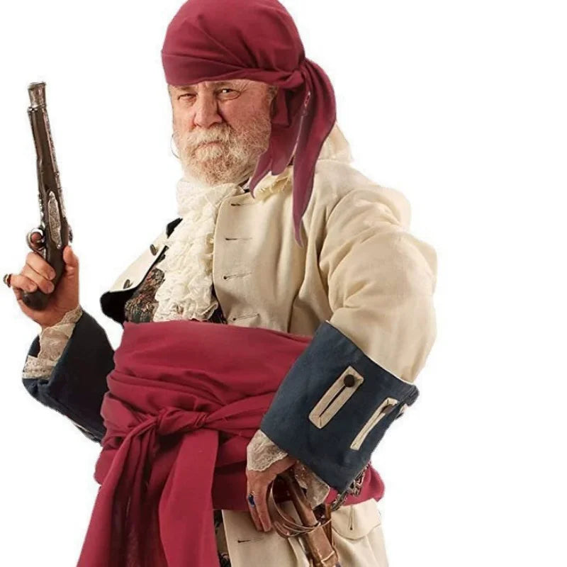 Halloween Punk Costume Pirate Costume Set with Linen Headscarf and Belt for Men and Women - wine red / One Size