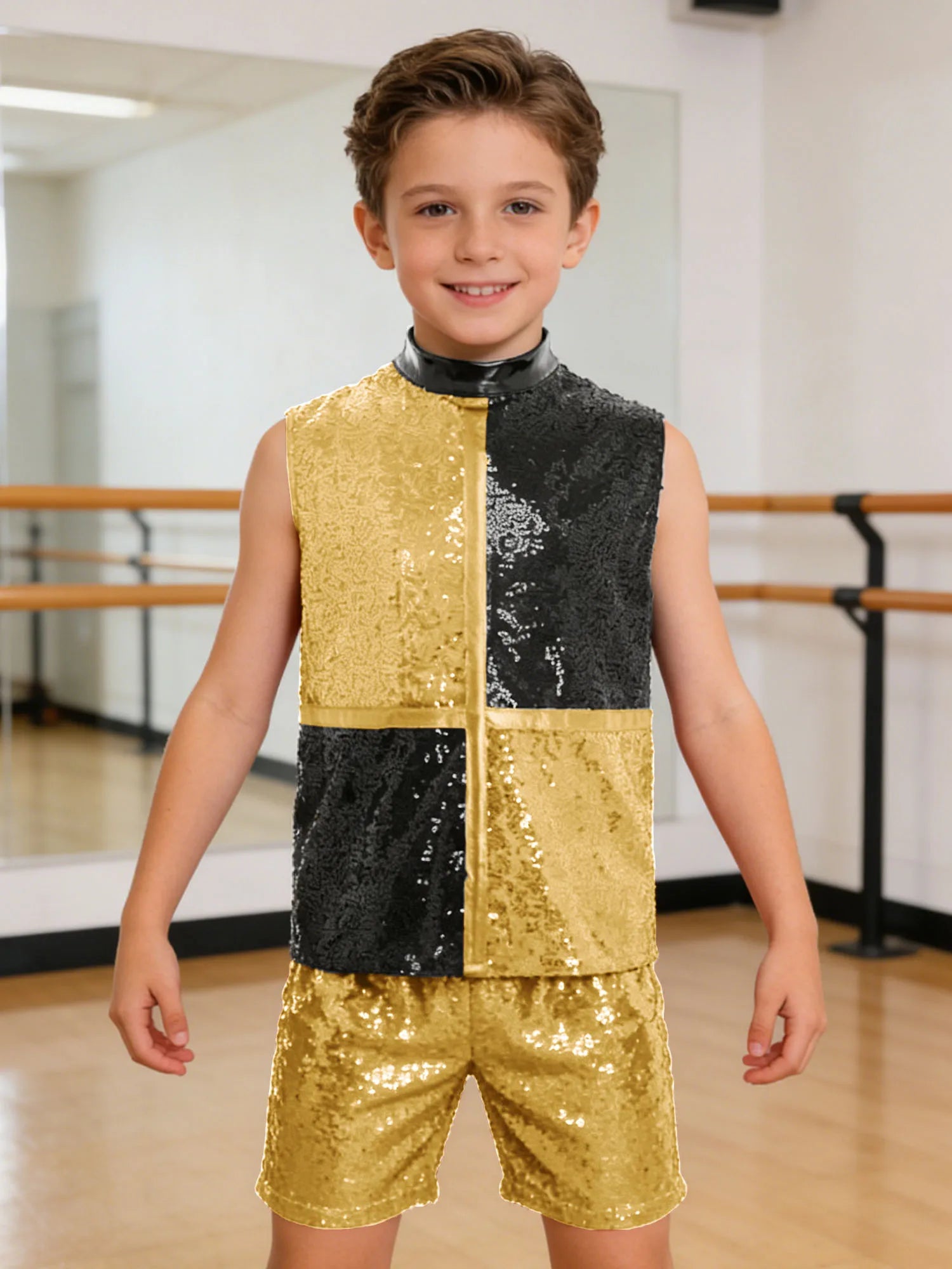 Kids Boys Hip Hop Dance Outfit Sequins Dance Top and Shorts Set Halloween Clown Costume - Red / 8