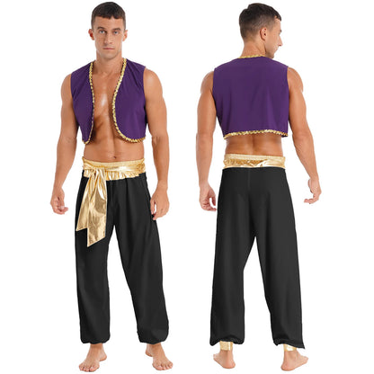 Men's Arabian Prince Mythical Aladdin Sequin Trim Waistcoat Belted Pants Costume - alternate view 9