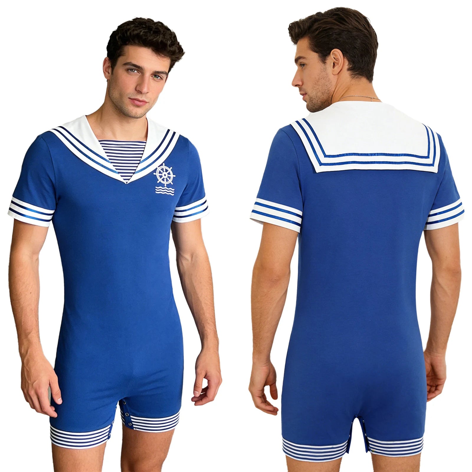 Men Navy Collar Rompers for Halloween Sailor Costume Short Sleeve Press Buttons Crotch - White / L