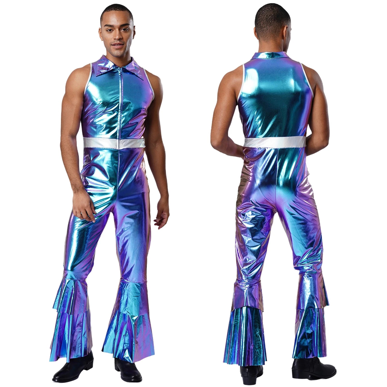 Adult Mens Shiny Metallic 70s Disco Costume Lapel Collar Sleeveless High Waist Flared Jumpsuit Rock Disco - product image 6