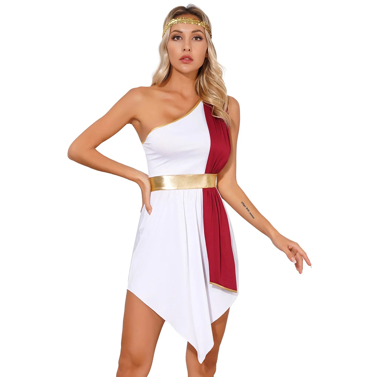 Women Halloween Ancient Greek Roman Athena Goddes Costume Toga Robe with Headband - Yellow / S