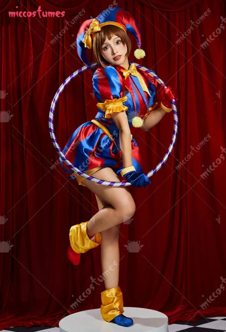 Miccostumes Women Clown Costume Jester Costume Blue Red Jumpsuit and Hat with Gloves and - MULTI / L