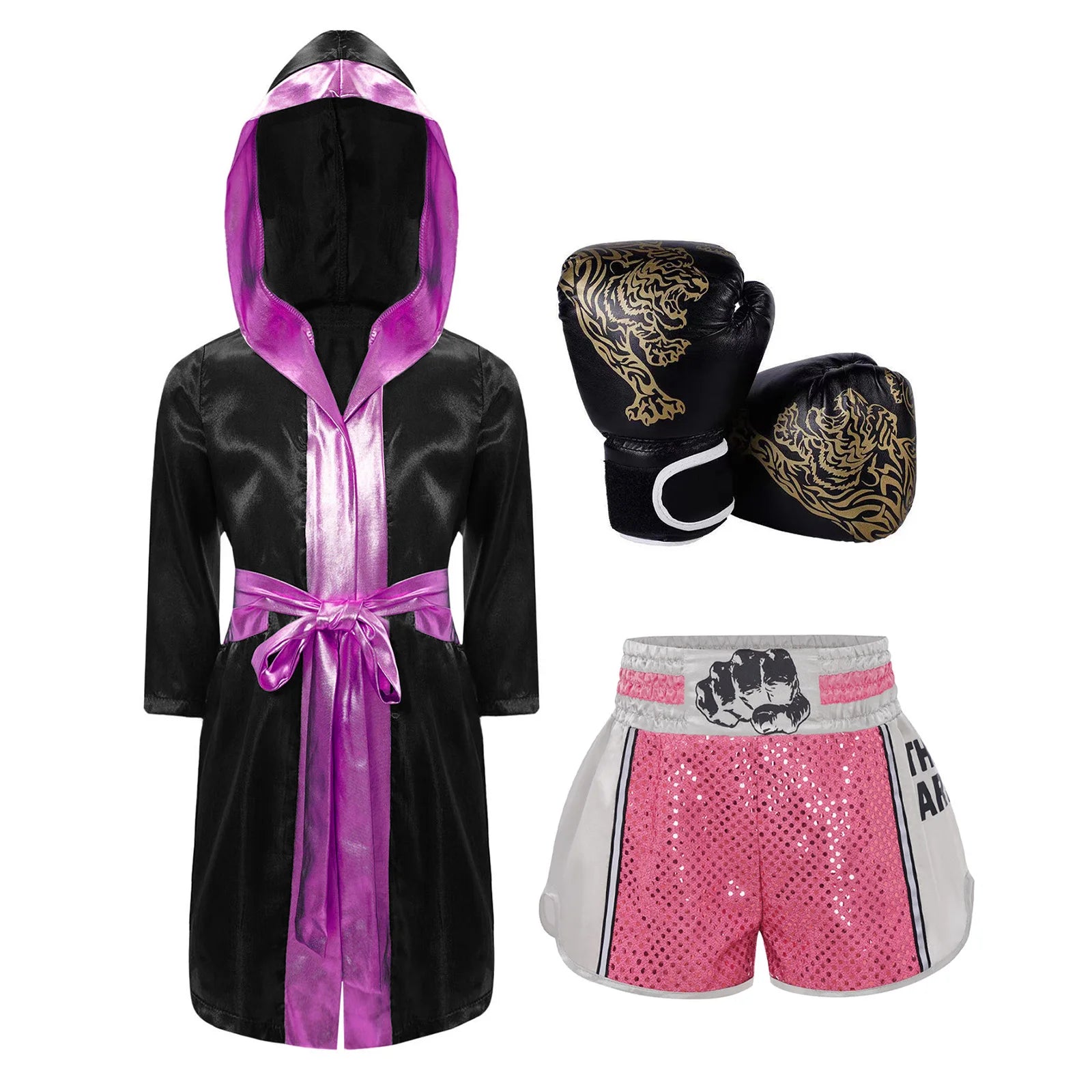 Boxing Sleeve Metallic Trim Satin Hooded Robe Belt Sequins Shorts and Gloves - Black Gold / 6