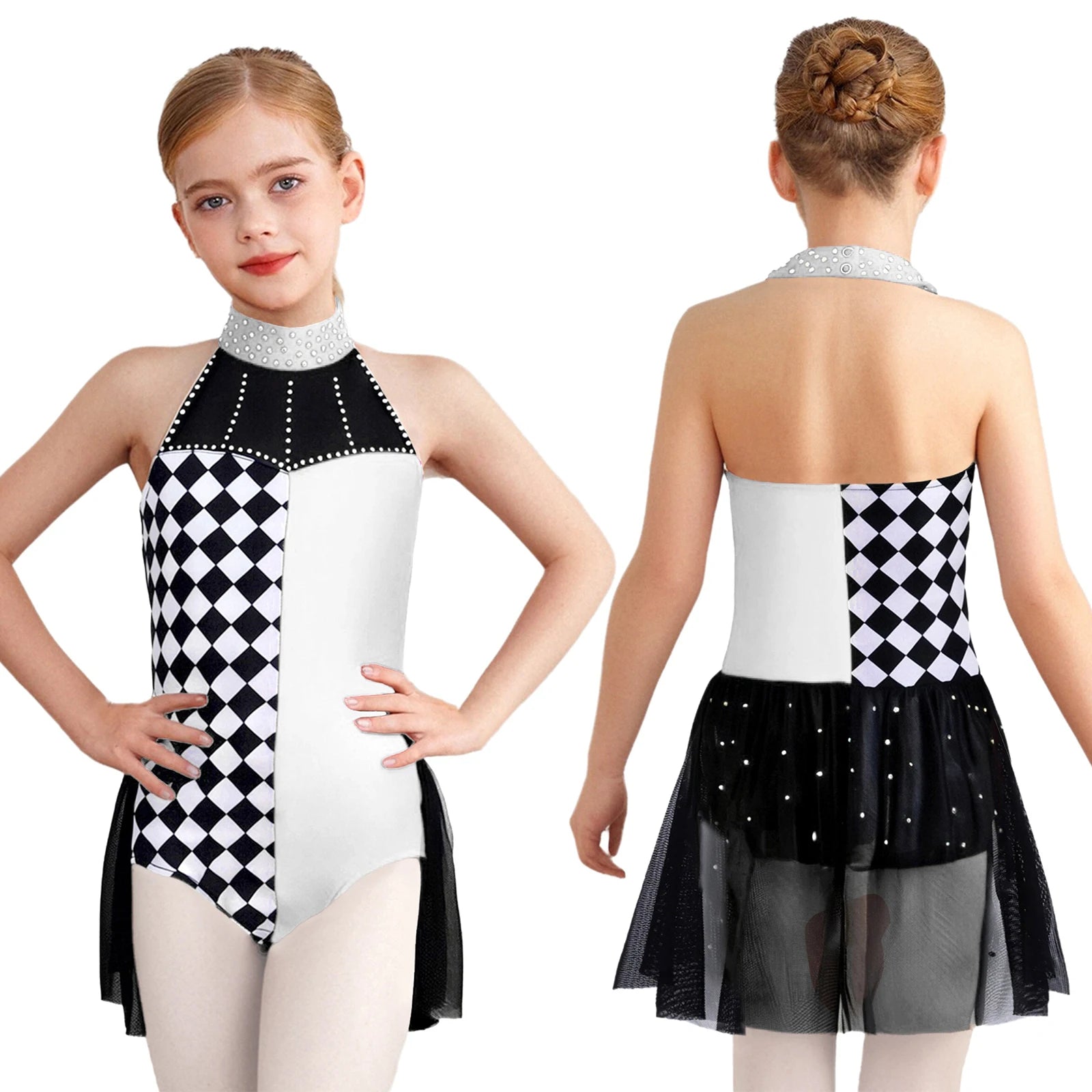 Girls Circus Clown Performance Costume Halloween Plaid Halter Sleeveless Dance Leotard - 10 / Black Rose