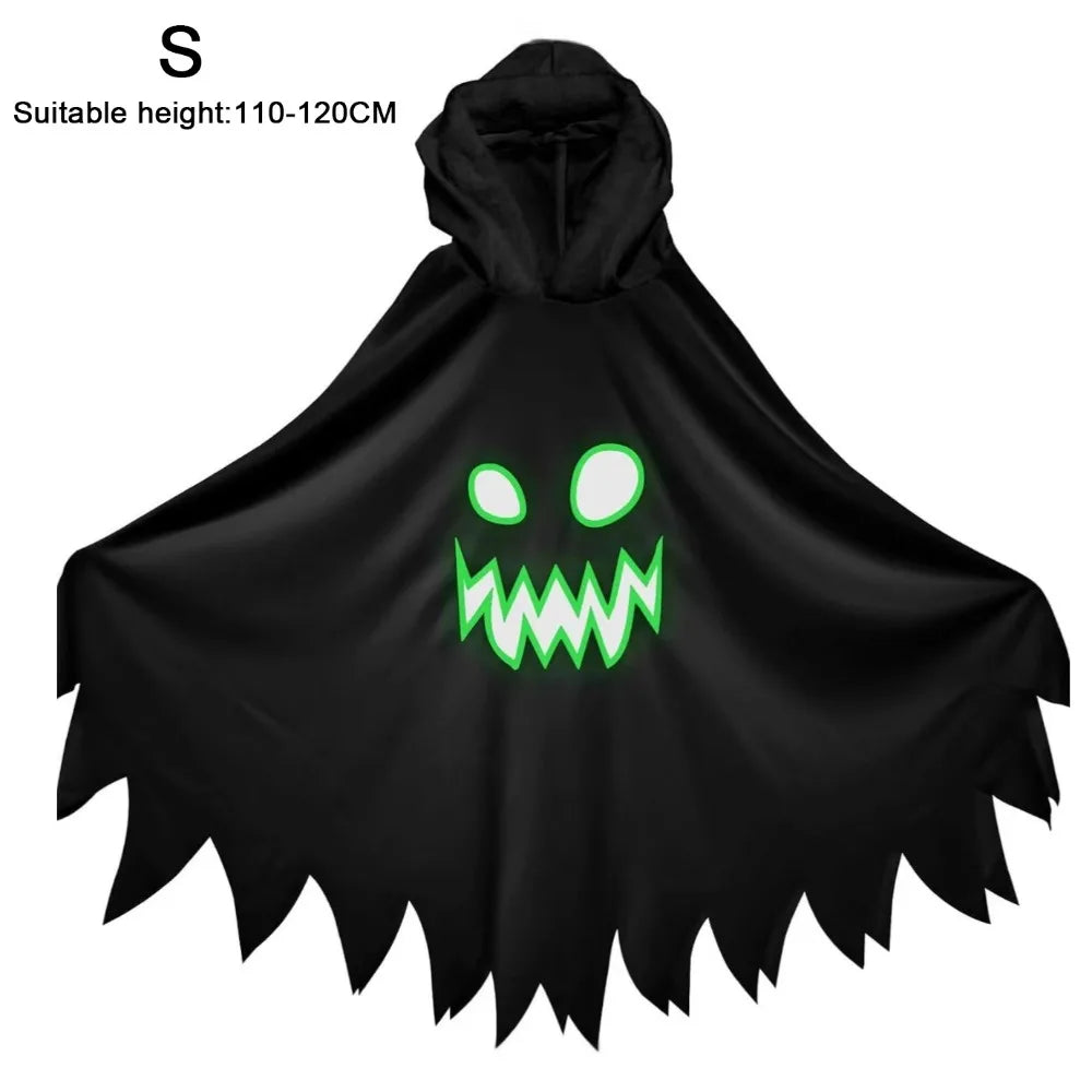 White Black Halloween Costume Ghost Face Design Cape Shawl Luminous Cloak Glow in the Dark - White XS / XS（old）