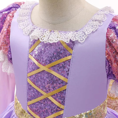 Girl Rapunzel Princess Dress for Kids Halloween Cosplay Tangled Costume Birthday Party Gifts Purple Sequins Mesh Bow Clothing