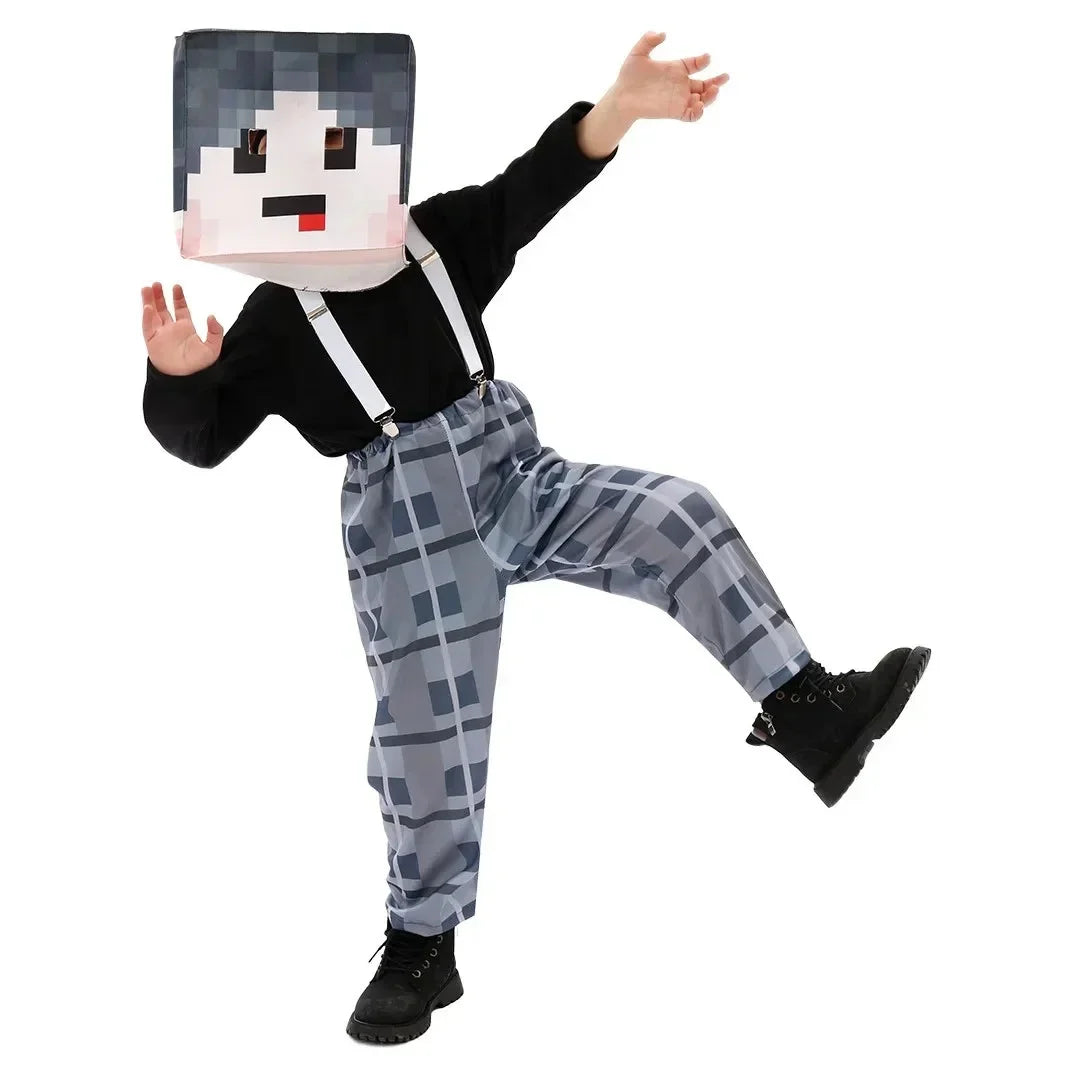Boys Craft Villager Costume Deluxe Kids Games Party Armor Suit Creep Jumpsuit Blue