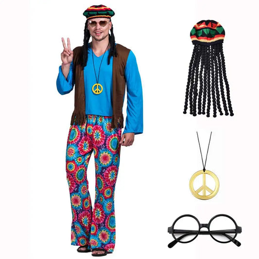 Halloween Hippie Costume Men 60s 70s Hippie Set Pants Shirt Fringe Vest Glass Frame - wig / M