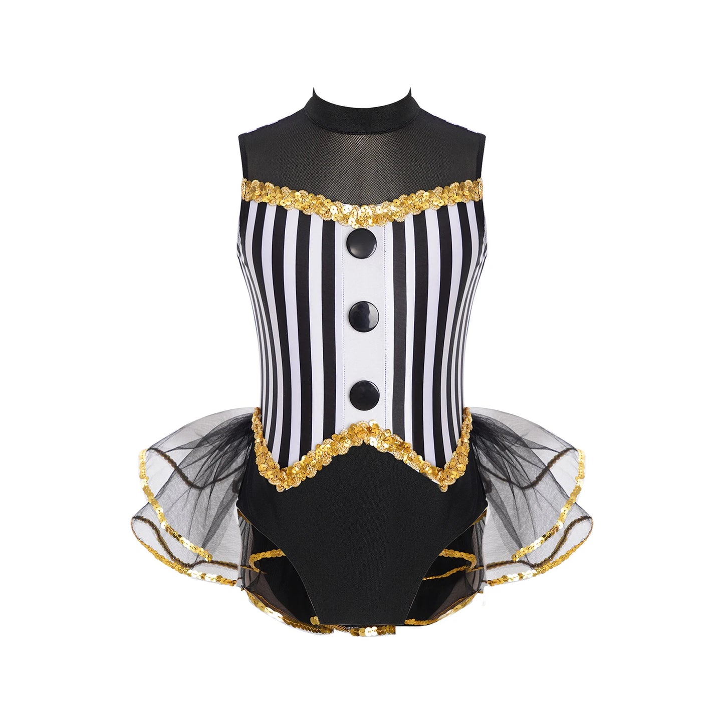 Kids Girl Halloween Circus Clown Costume Shiny Striped Tutu Leotard Ballet Gymnastics - Black A / 10