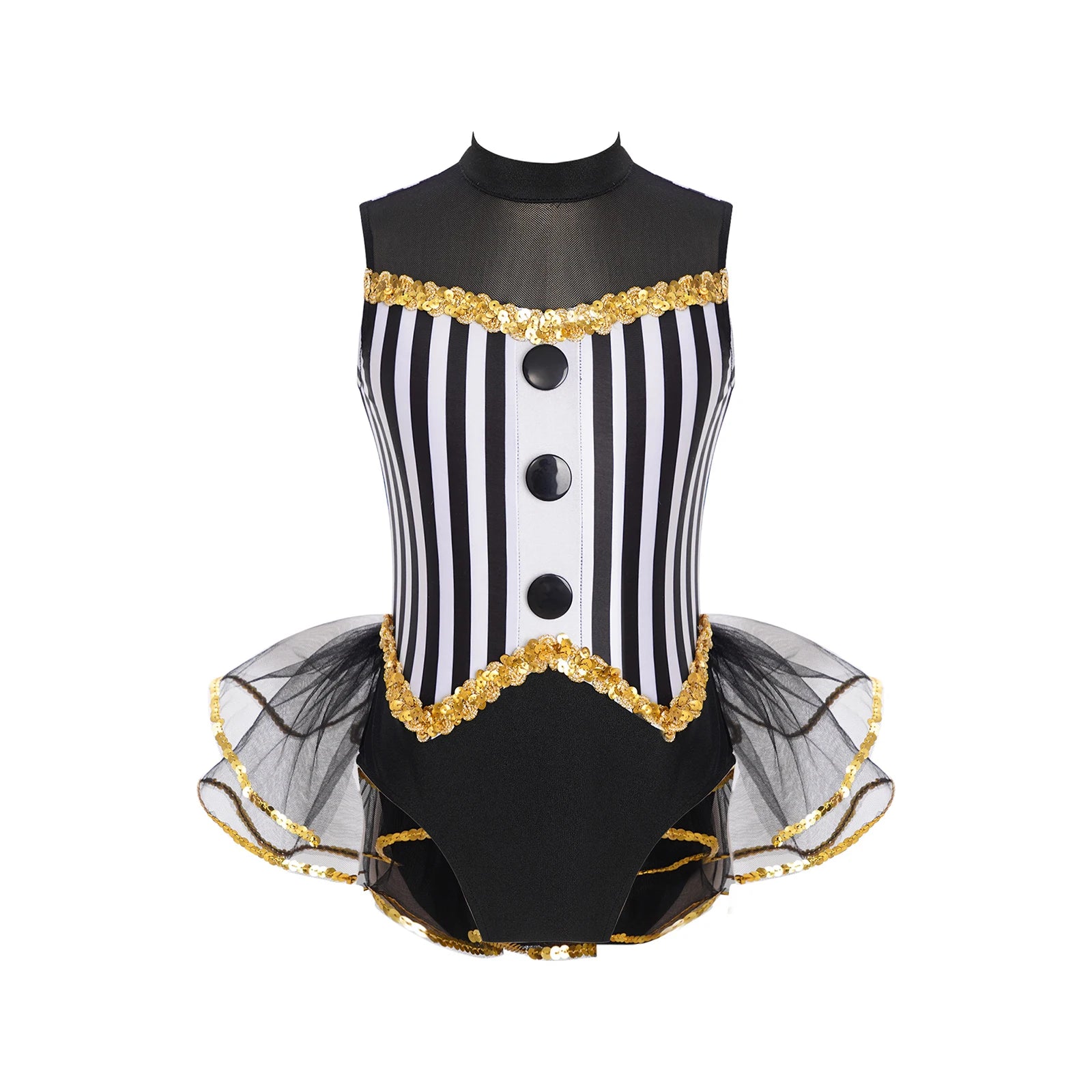 Kids Girl Halloween Circus Clown Costume Shiny Striped Tutu Leotard Ballet Gymnastics - Black A / 10