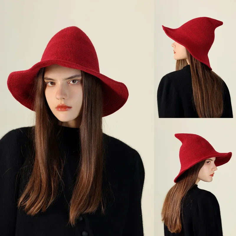 Women's Witch Hat for Halloween Wool Hats Wide Brim Spire Knitted Cap Party and Daily - product image 3