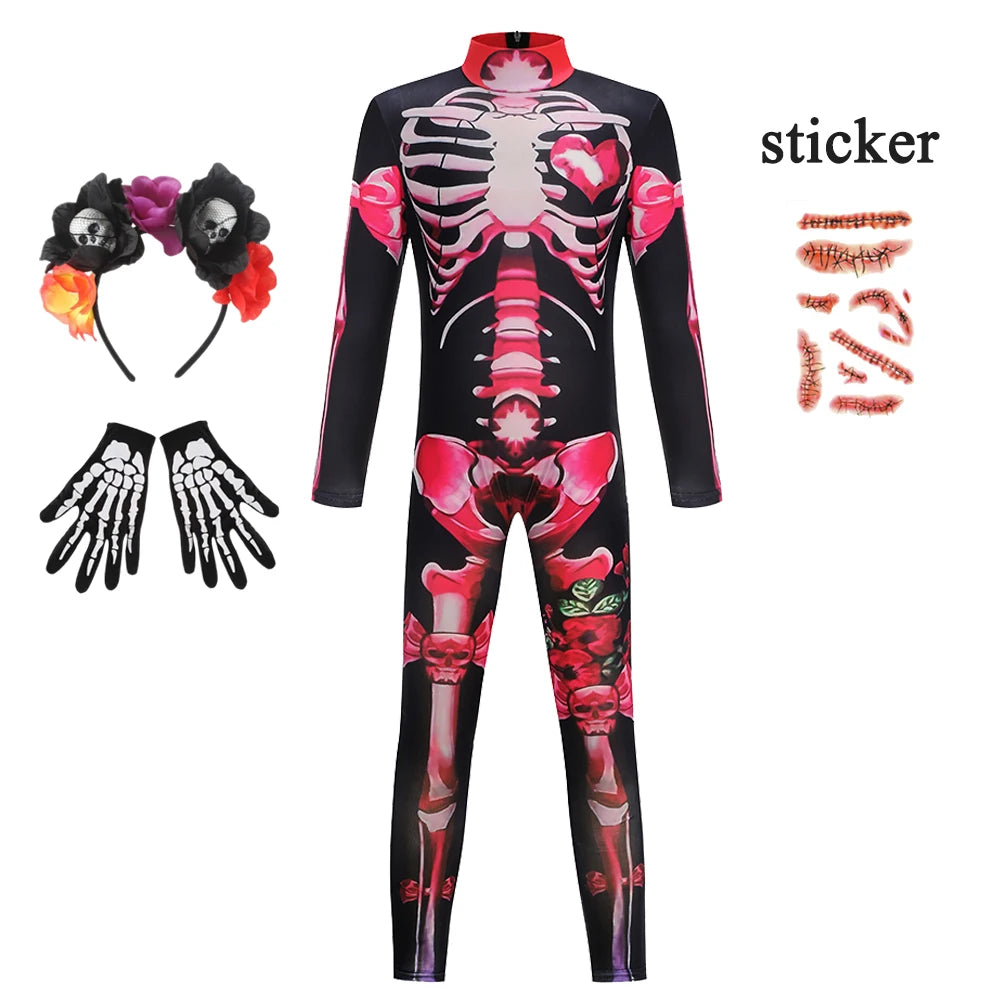 Girls Halloween Cosplay Ghost Bride Gothic Jumpsuit Rose Skeleton Scary - product image 14