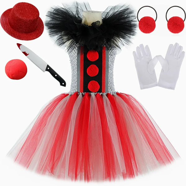 Scary Killer Clown Costume for Girls Halloween Tutu Dress Outfit Creepy Joker Costumes - Only 1pcs Dress / 12