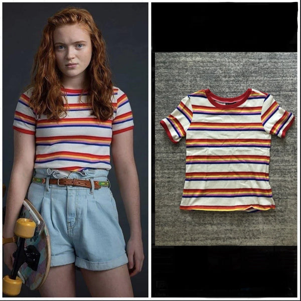 Retro 80s Striped Cosplay Costume | Colorful Striped T-Shirt & Casual Coat for Women, Men, Girls |Halloween
