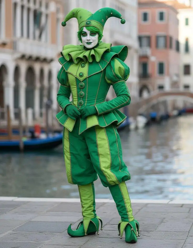 Green Jester Costume Outfits Medieval Renaissance Court Clown Costume Uniform with Hat Set - female white / custom made