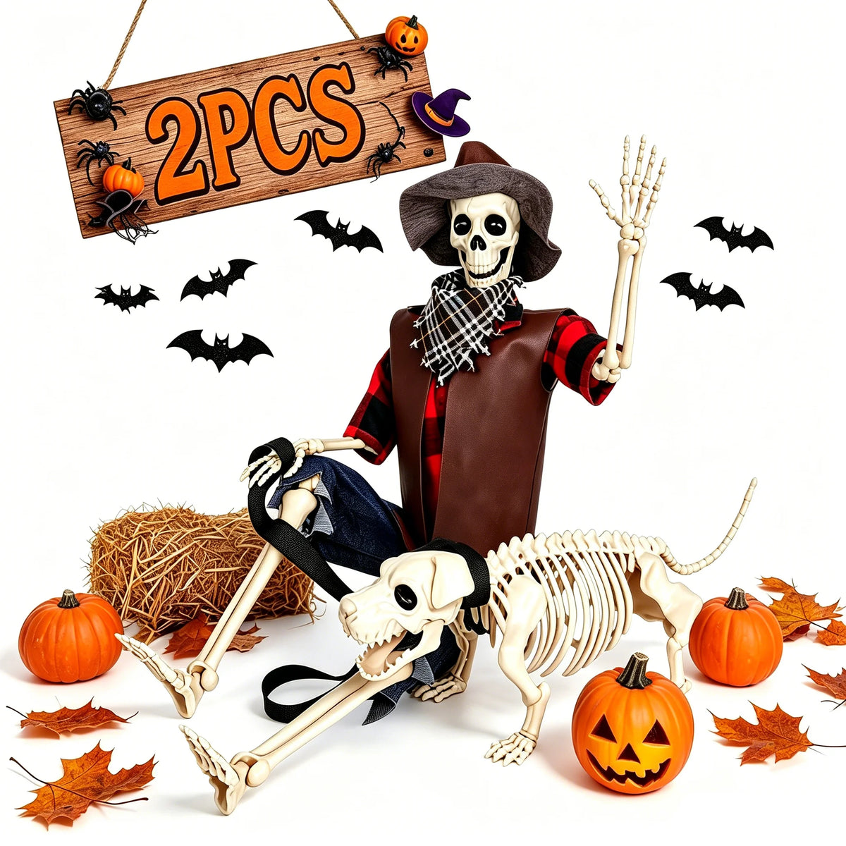 36" Posable Skeleton & Dog Cowboy Halloween Decoration Set