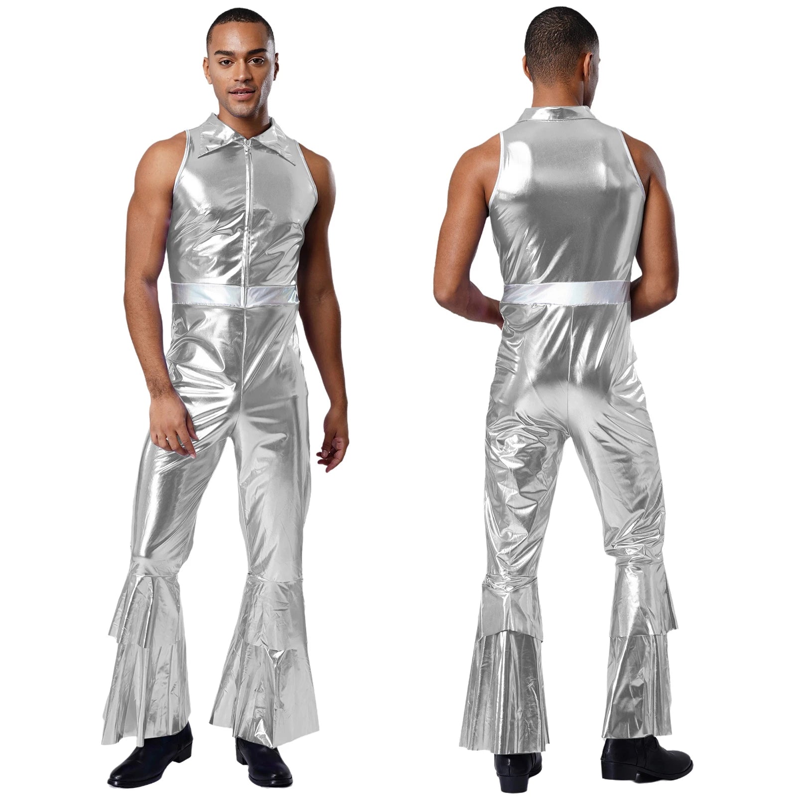 Adult Mens Shiny Metallic 70s Disco Costume Lapel Collar Sleeveless High Waist Flared Jumpsuit Rock Disco - product image 3