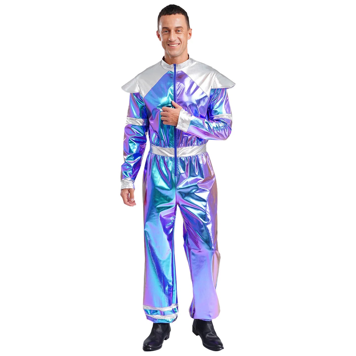 Men's Outer Space Alien Costume Halloween Robot Costume Jumpsuit Sleeves Deluxe Shiny - Silver / XL