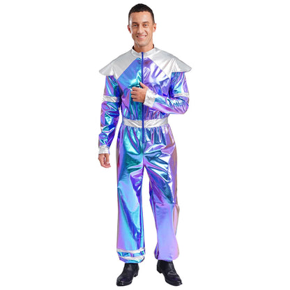 Men's Outer Space Alien Costume Halloween Robot Costume Jumpsuit Sleeves Deluxe Shiny - Silver / XL