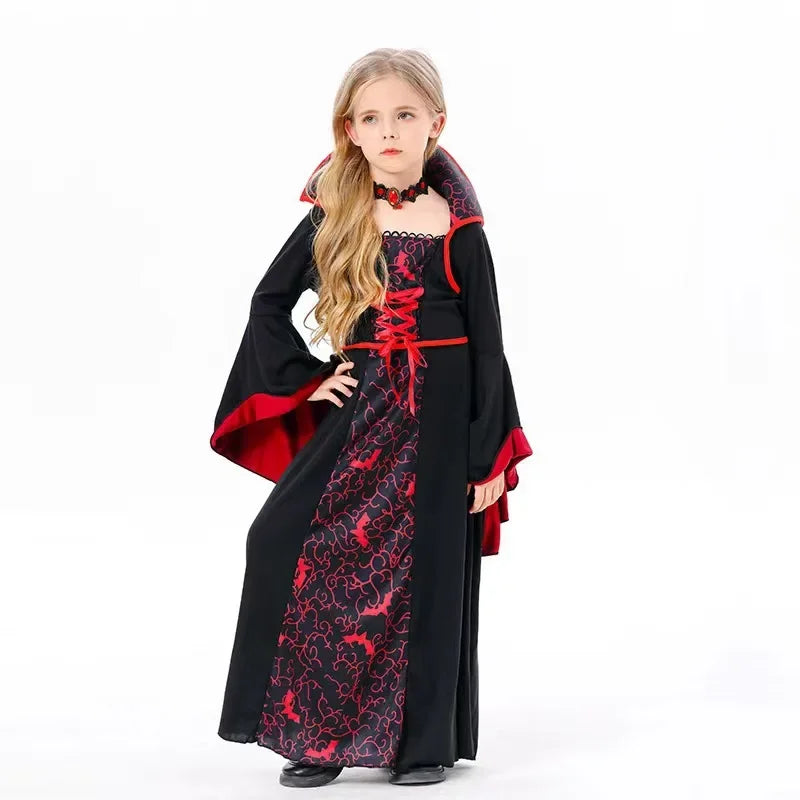 Kids Spooky Ghost Bride Fancy Dress Floral Print High Neck Flare Sleeve Gown - product image 3
