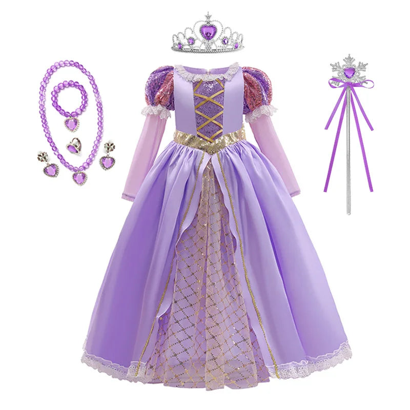 Girl Rapunzel Princess Dress for Kids Halloween Cosplay Tangled Costume Birthday Party Gifts Purple Sequins Mesh Bow Clothing