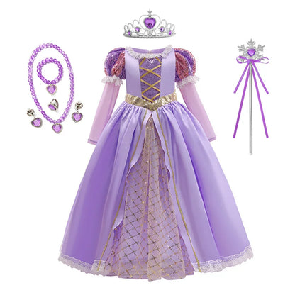 Girl Rapunzel Princess Dress for Kids Halloween Cosplay Tangled Costume Birthday Party Gifts Purple Sequins Mesh Bow Clothing