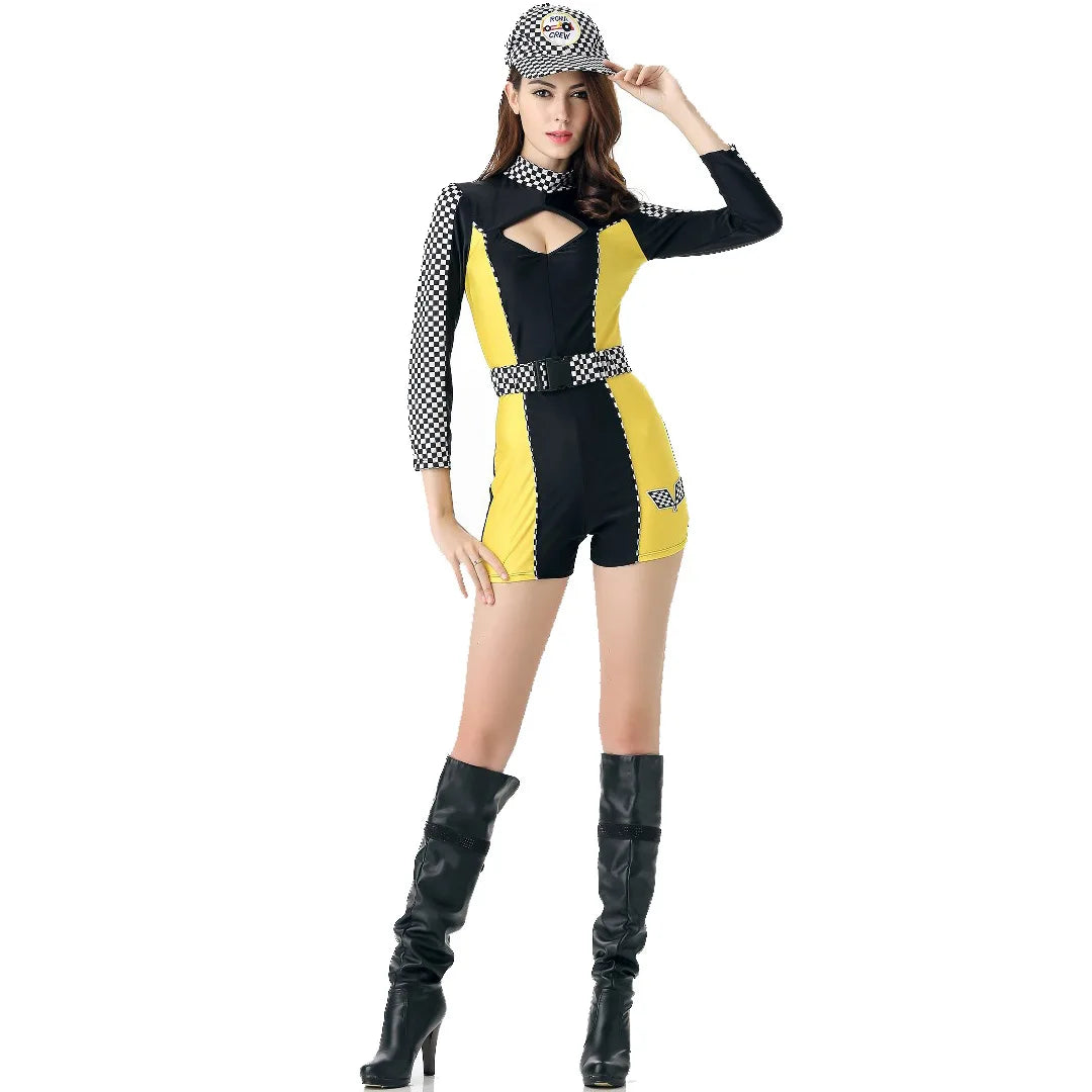 Women's Racing Driver Costume Set - Long Sleeve Zip Front Jumpsuit with Hat & Belt