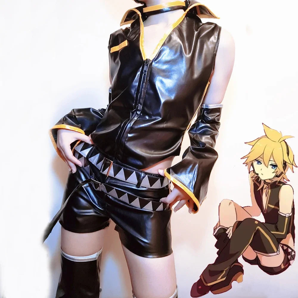 Anime Game Len Costume Adult Unisex Leather PU Top Shorts Suit Halloween Punk Outfit - Len / S