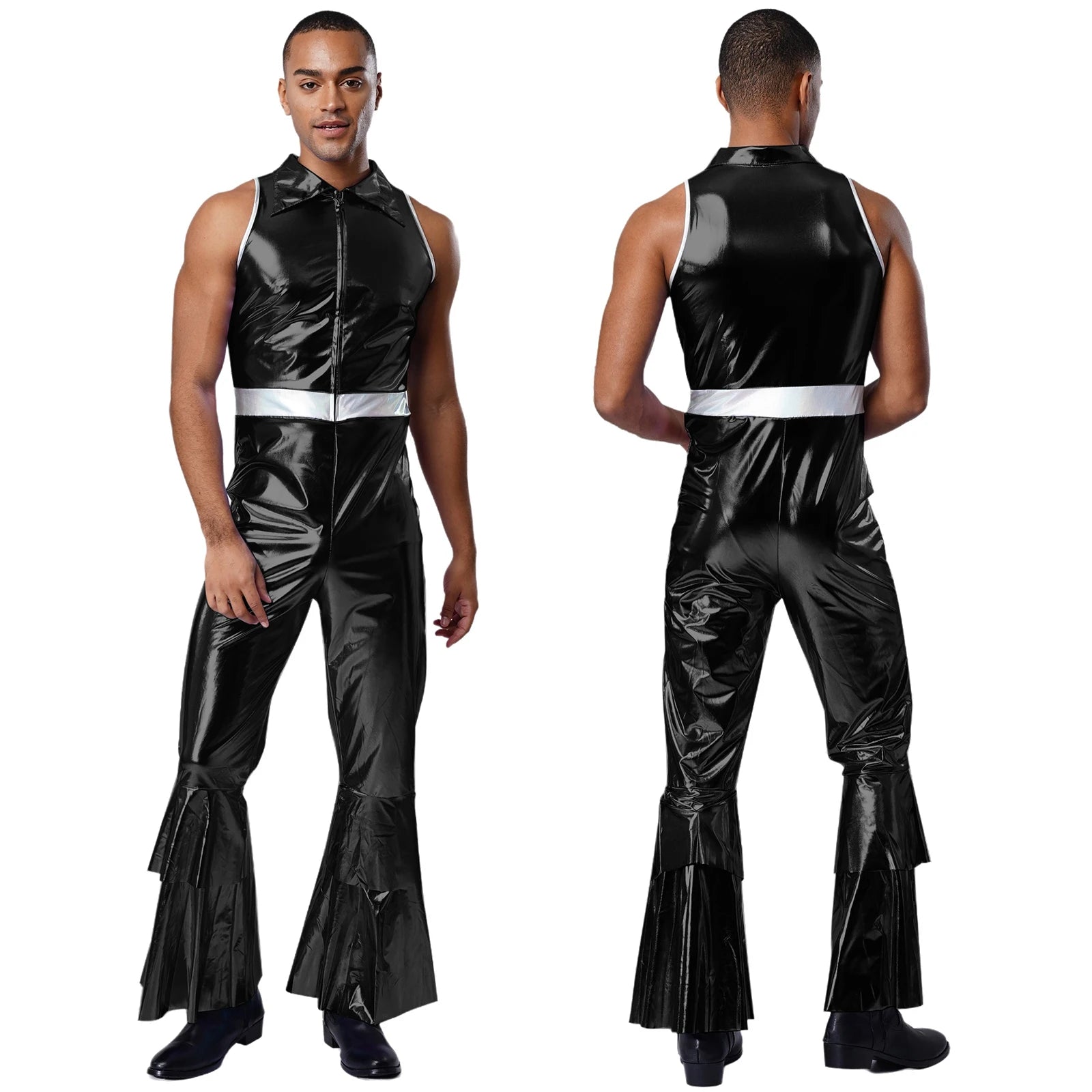 Adult Mens Shiny Metallic 70s Disco Costume Lapel Collar Sleeveless High Waist Flared Jumpsuit Rock Disco - product image 5