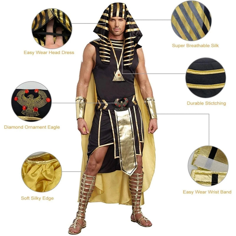 Men Egyptian Costume Set 7 Pcs Golden Trim Tank Tops Skirt Arm Sleeves