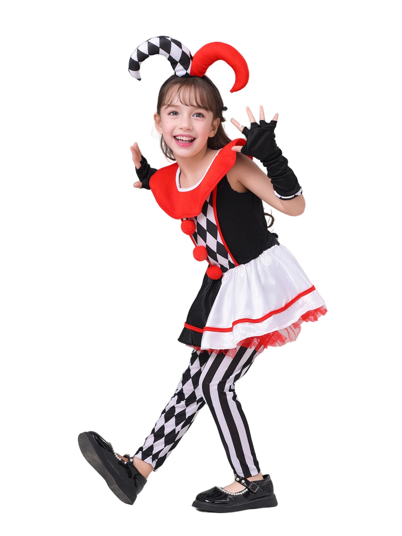 Girls Poker Pattern Jester Clown Costume Dress Outfit Kids Halloween Costume - View 5