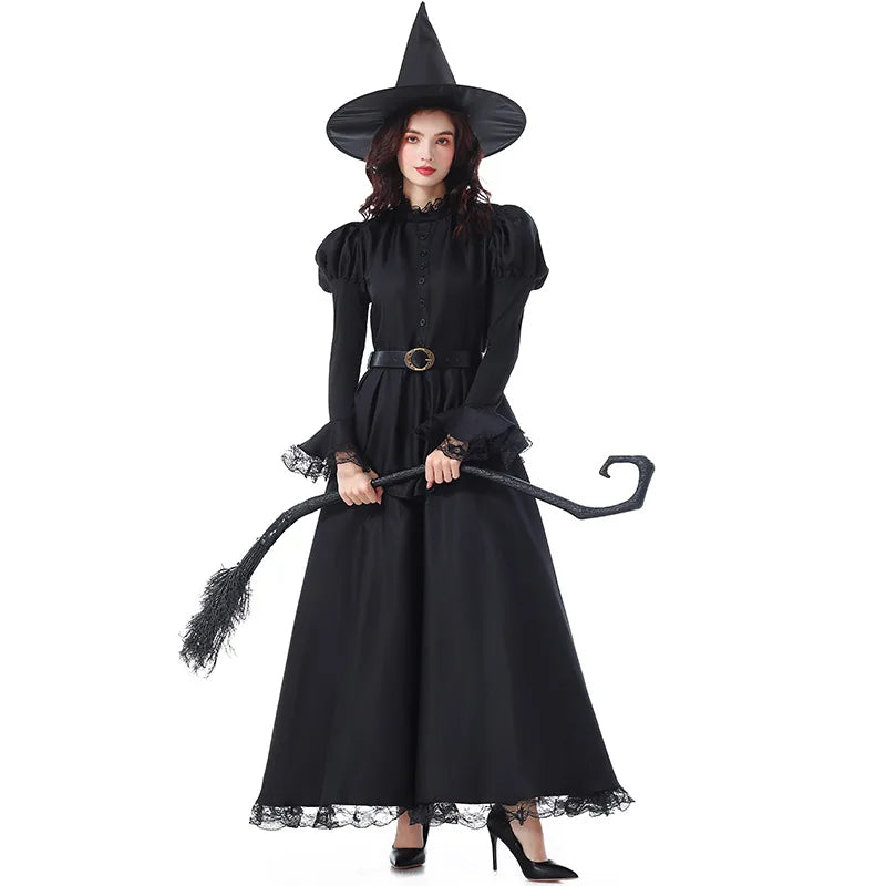 Halloween Witch Costume Black Lace Magical Wizard Dress Hat Belt 3pcs Set Women Gothic Elegant Party Outfit - product image 1