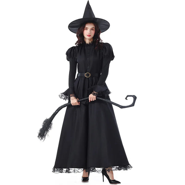 Halloween Witch Costume Black Lace Magical Wizard Dress Hat Belt 3pcs Set Women Gothic Elegant Party Outfit - product image 1