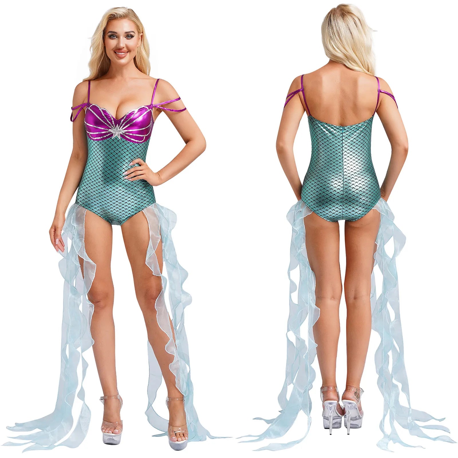 Women Halloween Theme Mermaid Princess Costume Sequin Metallic Shiny Fish Scales Print - Mint Green / XXL
