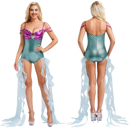 Women Halloween Theme Mermaid Princess Costume Sequin Metallic Shiny Fish Scales Print - Mint Green / XXL