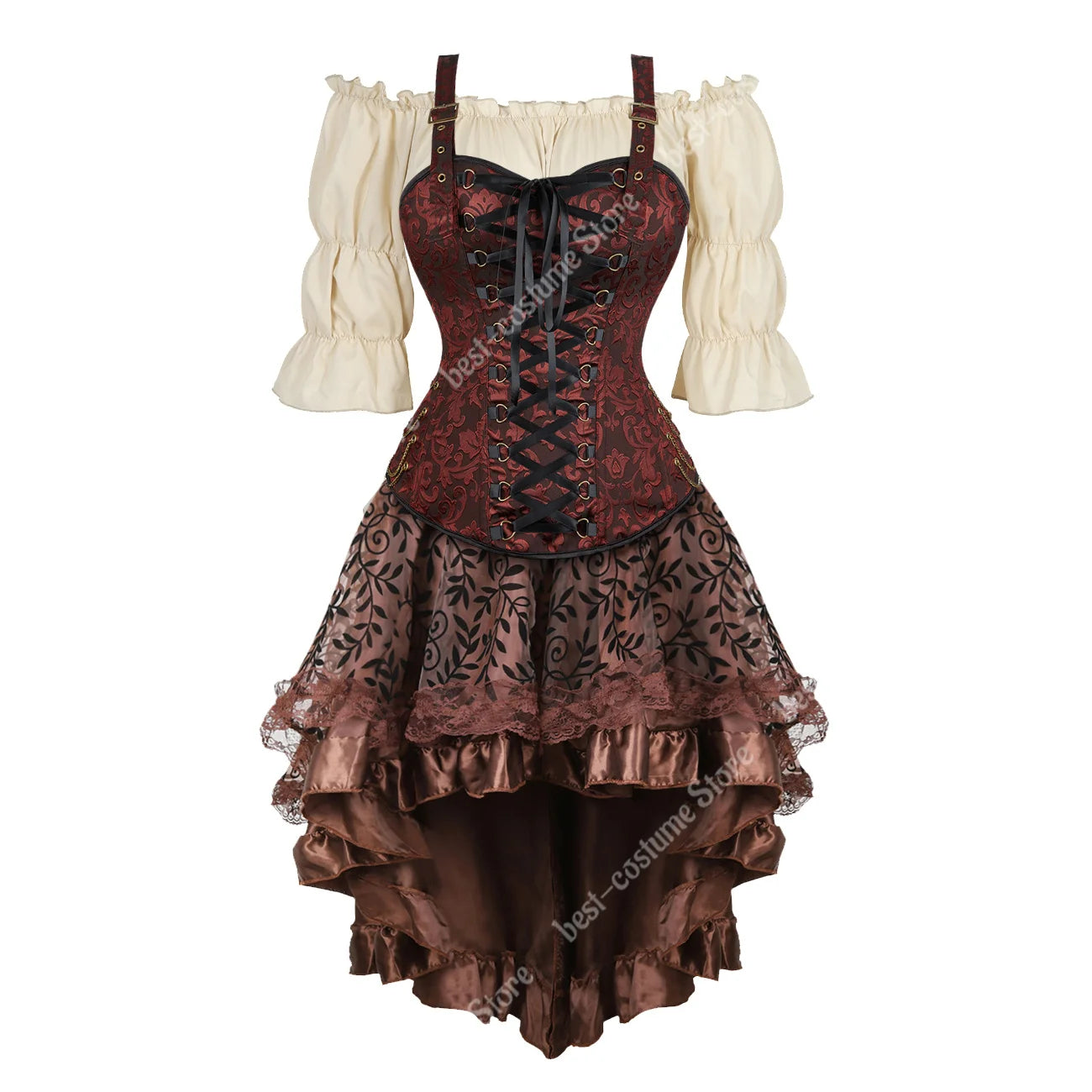 Steampunk Corset Dress Brown Pirate Costume Woman Skirt Plus Size Gothic Underbust