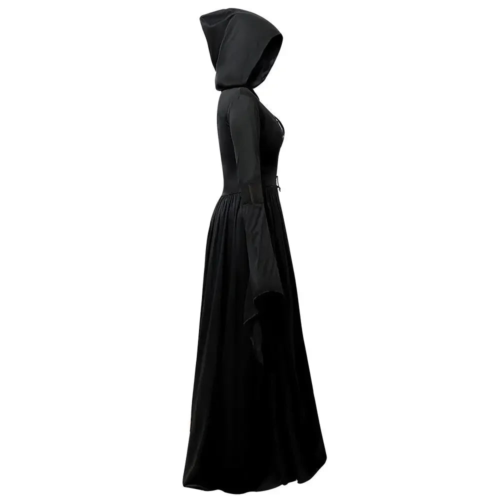 Halloween Witch Dress Women's Gothic-Style Long Hooded Vampire Dress Vintage In Black with Ghost Print and - product image 4
