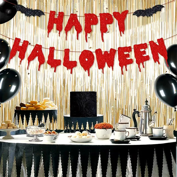 Glitter Red Happy Halloween Paper Banner With Rope Halloween Party Garland Home