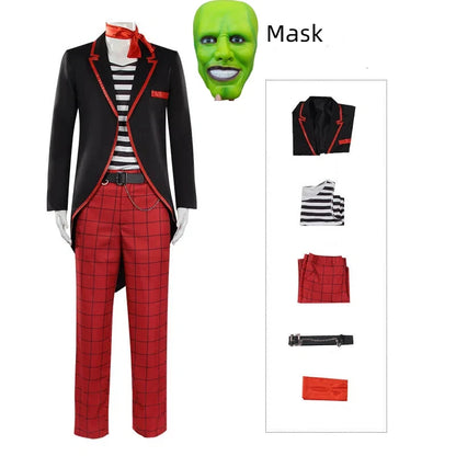 The Mask Costume Stanley Ipkiss Horror Clown Black Tuxedo Suit Jim Carrey Mask Outfit - Wig and Costume / S