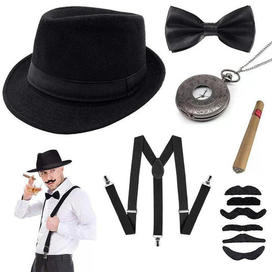 Halloween 1Set 1920's Costume Hat Pocket Watch Neck Tie Moustache Bowtie Gatsby - K