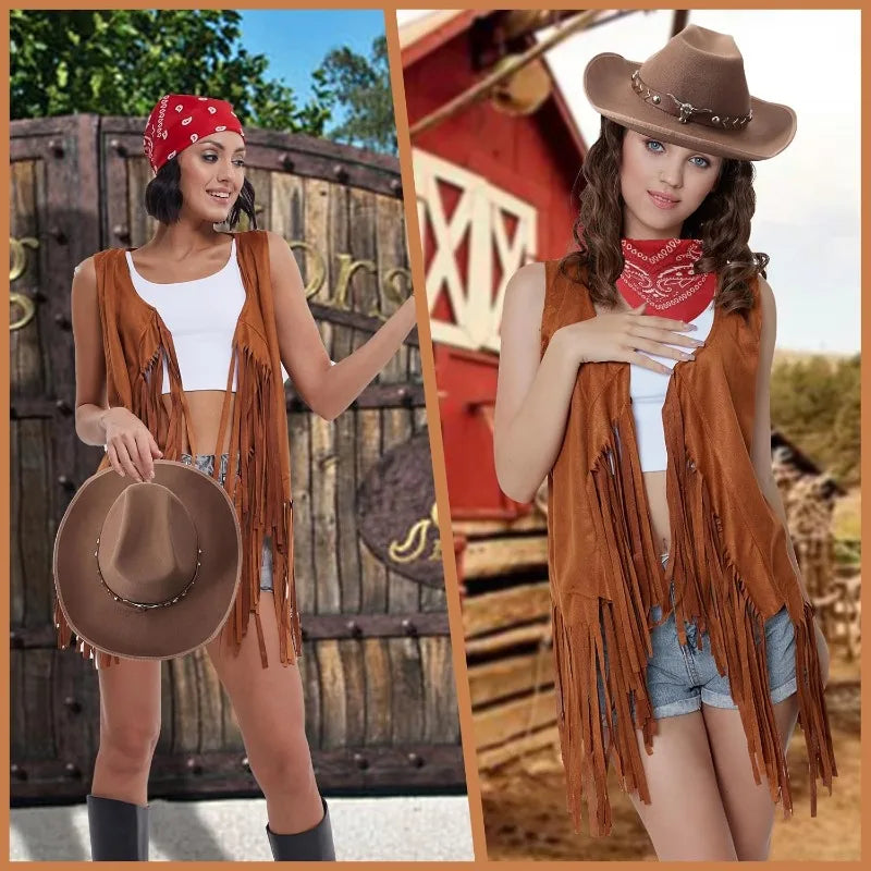 3 Pcs Women Cowboy Cowgirl Costume Faux Suede Tassel Vest Waistcoat with Rivets