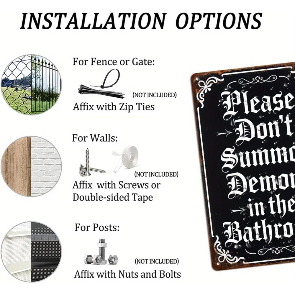 Retro Distressed Funny Gothic Slogan Printed Metal Sign Demons Warning Text Wall Plate Bathroom Halloween Indoor Wall Decoration