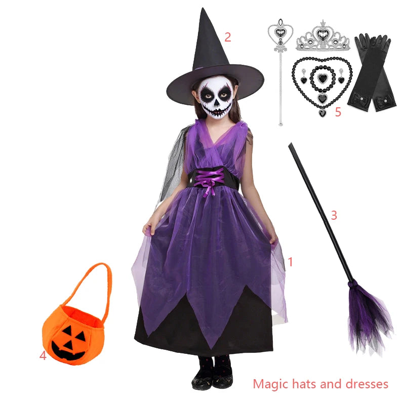 Kids Witch Halloween Costume Witch Cosplay Dress and Magic Hat Set Clothes for Girls Gothic Vampire Costume - product image 11
