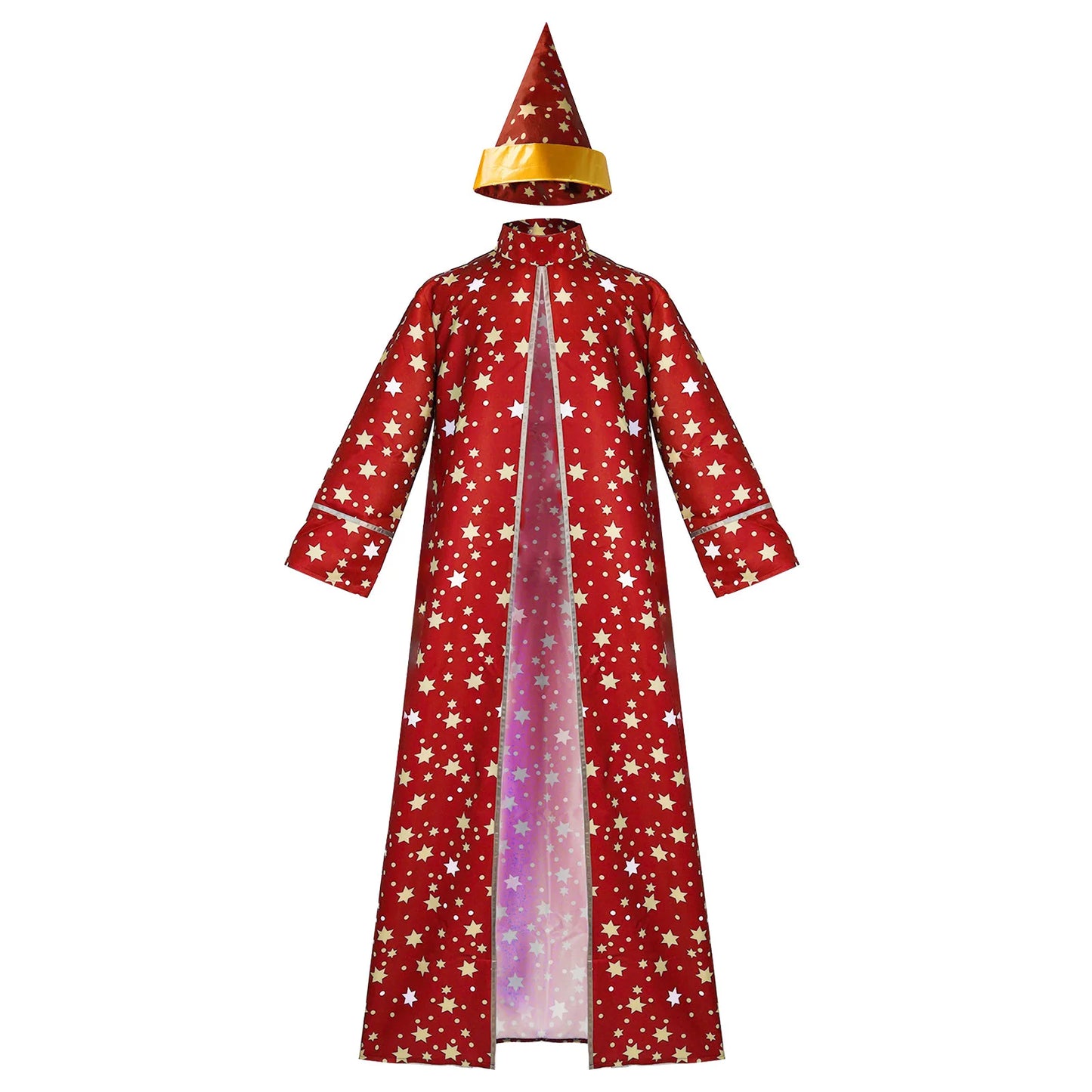 Men Magic Magician Costume Wizard Costume Blue Starry Robe Cloak Hat Medieval Adult - Red / XXXL